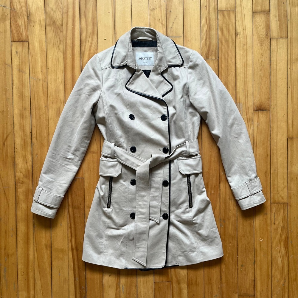 SMART SET Double Breasted Trench Coat Beige Black Trim Belted Button Up Women XS